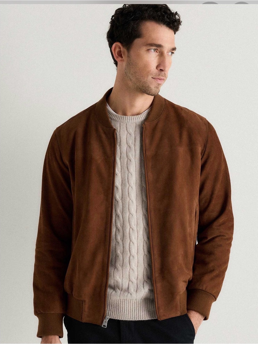 Quince 100% Goat Suede Bomber Jacket Cognac Brown Quiet Luxury S
